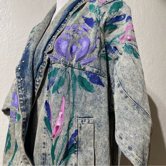 Vtg Oversized acid washed Denim Jacket Hand Painted purpleFloral Studded Artwear - Picture 5 of 12